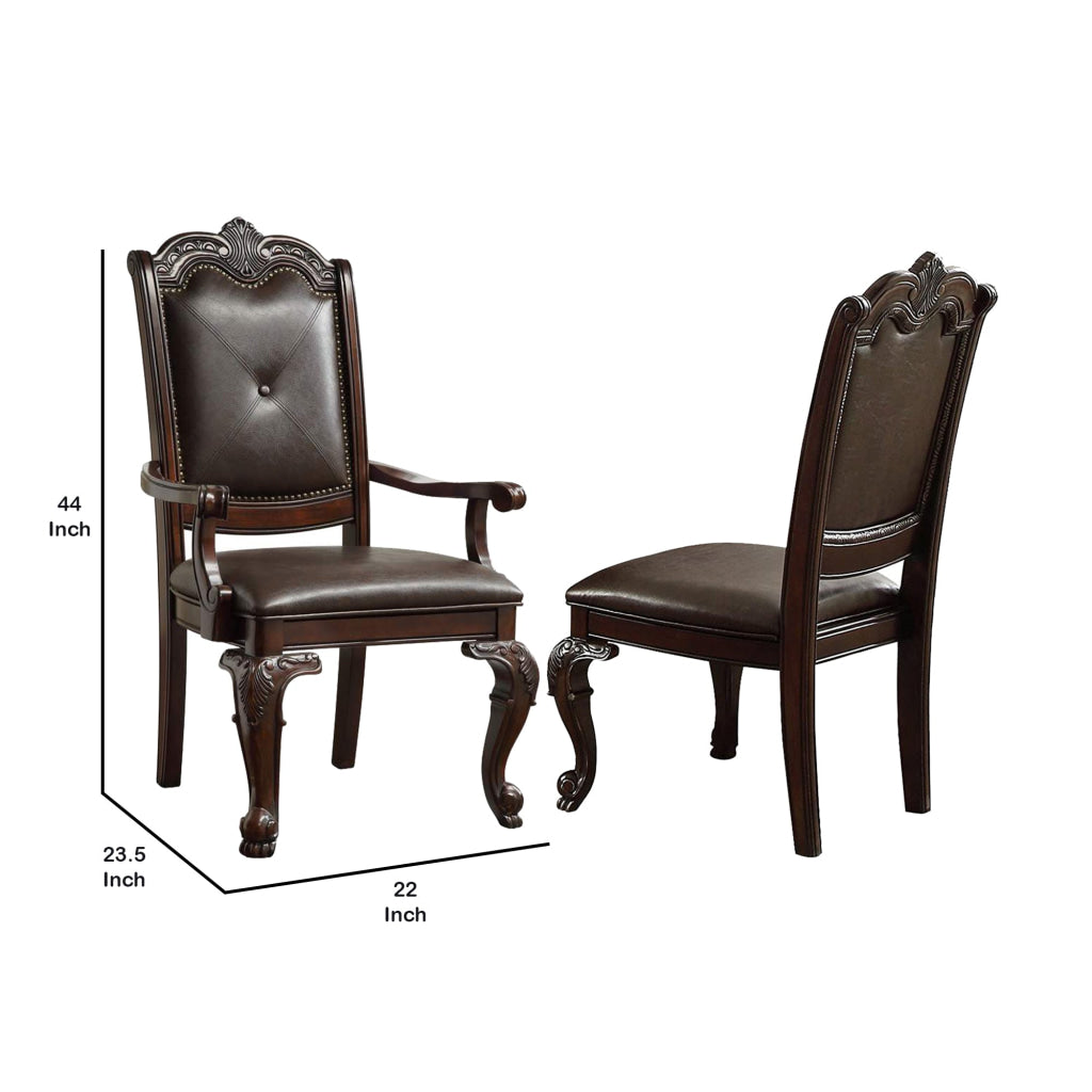 Crowned Top Wooden Side Chair with Leatherette Seating Set of 2 Dark Brown By Casagear Home BM220567