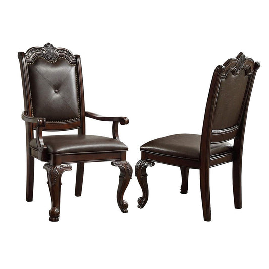 Crowned Top Wooden Side Chair with Leatherette Seating, Set of 2, Dark Brown By Casagear Home