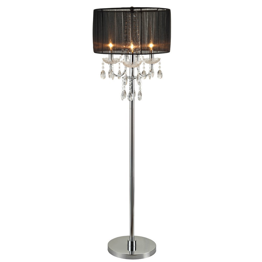 Round Fabric Wrapped Floor Lamp with Crystal Inlay, Gray and Silver By Casagear Home