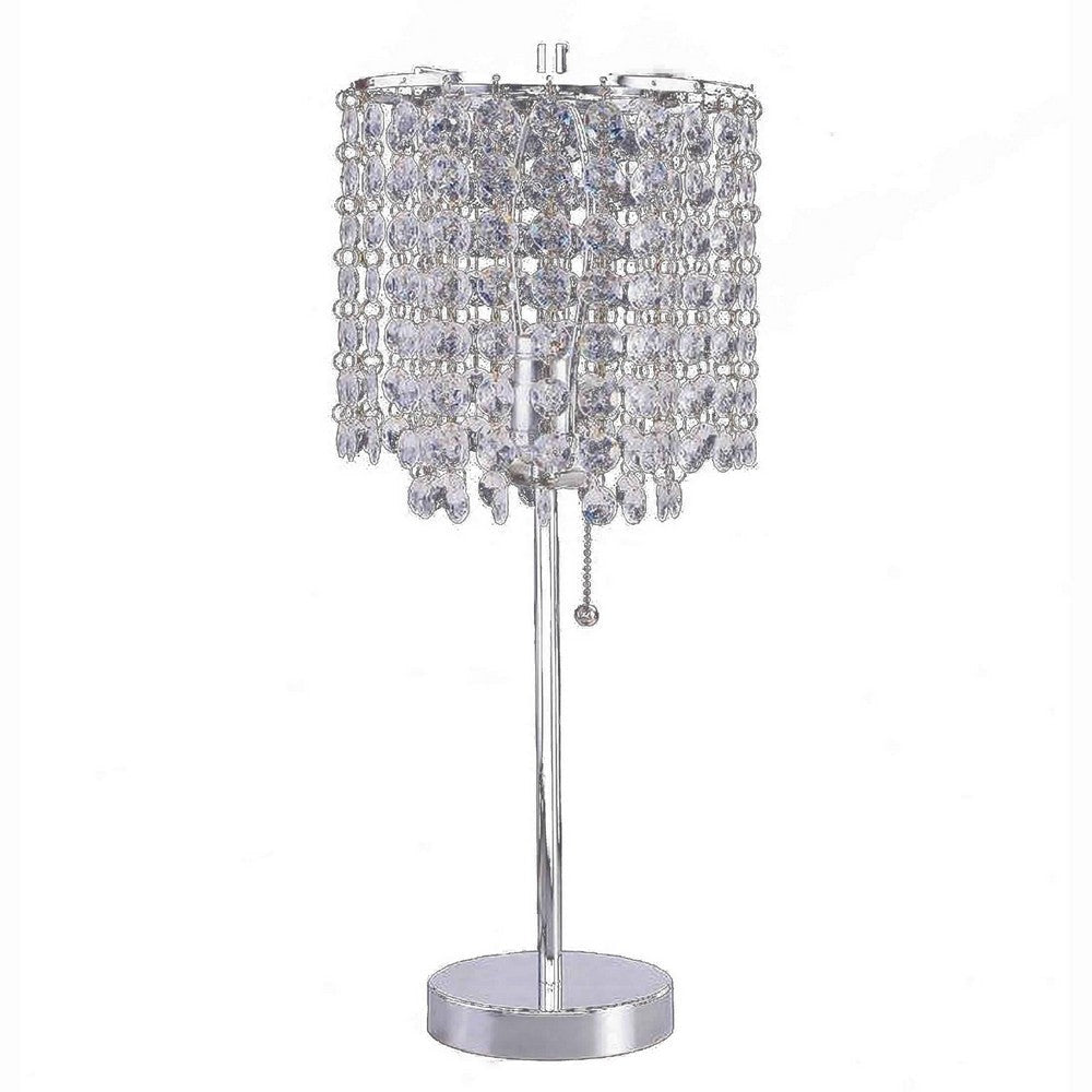 Chandelier Crystal Accented Table Lamp with Tubular Frame, Chrome and Clear By Casagear Home