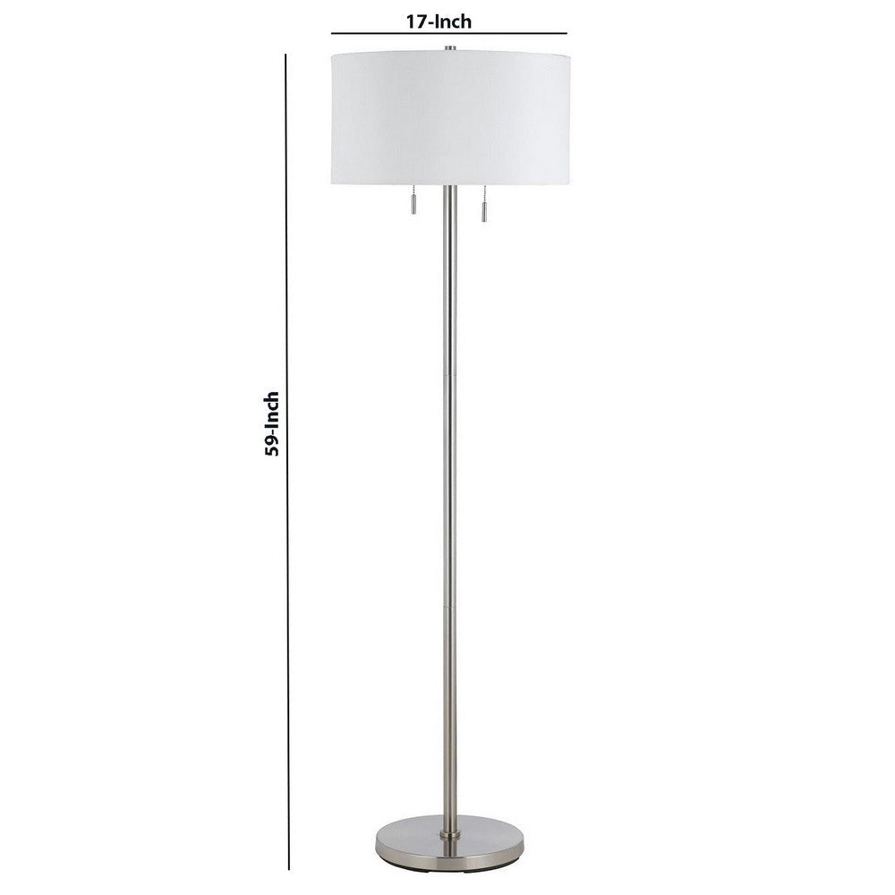 Metal Body Floor Lamp with Fabric Drum Shade and Pull Chain Switch Silver By Casagear Home BM220845