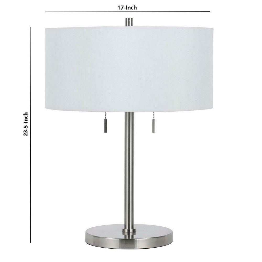 Metal Body Table Lamp with Fabric Drum Shade and Pull Chain Switch Silver By Casagear Home BM220848