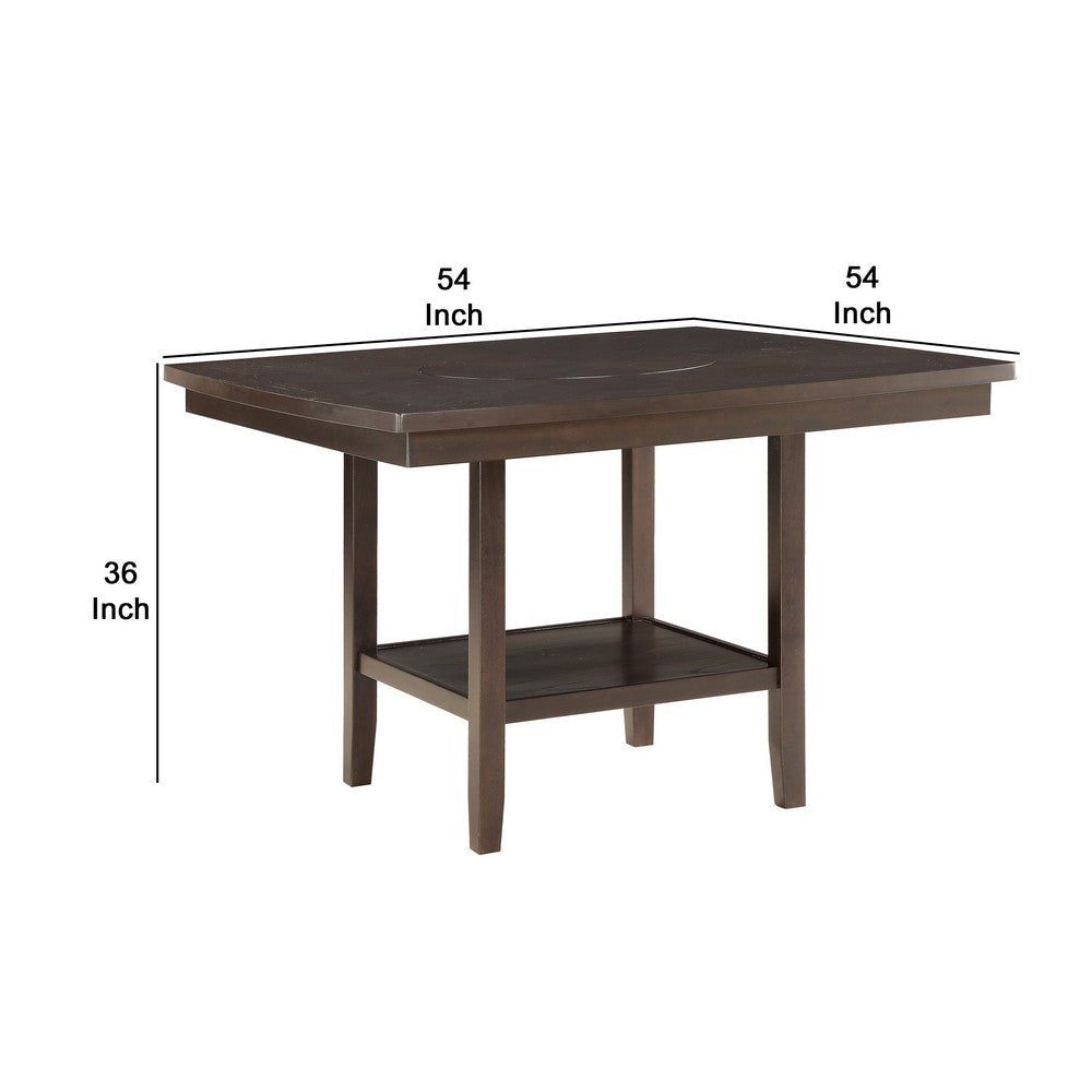 Wooden Counter Height Table with 1 Bottom Shelf and Lazy Susan Brown By Casagear Home BM220899