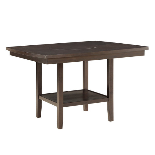 Wooden Counter Height Table with 1 Bottom Shelf and Lazy Susan, Brown By Casagear Home