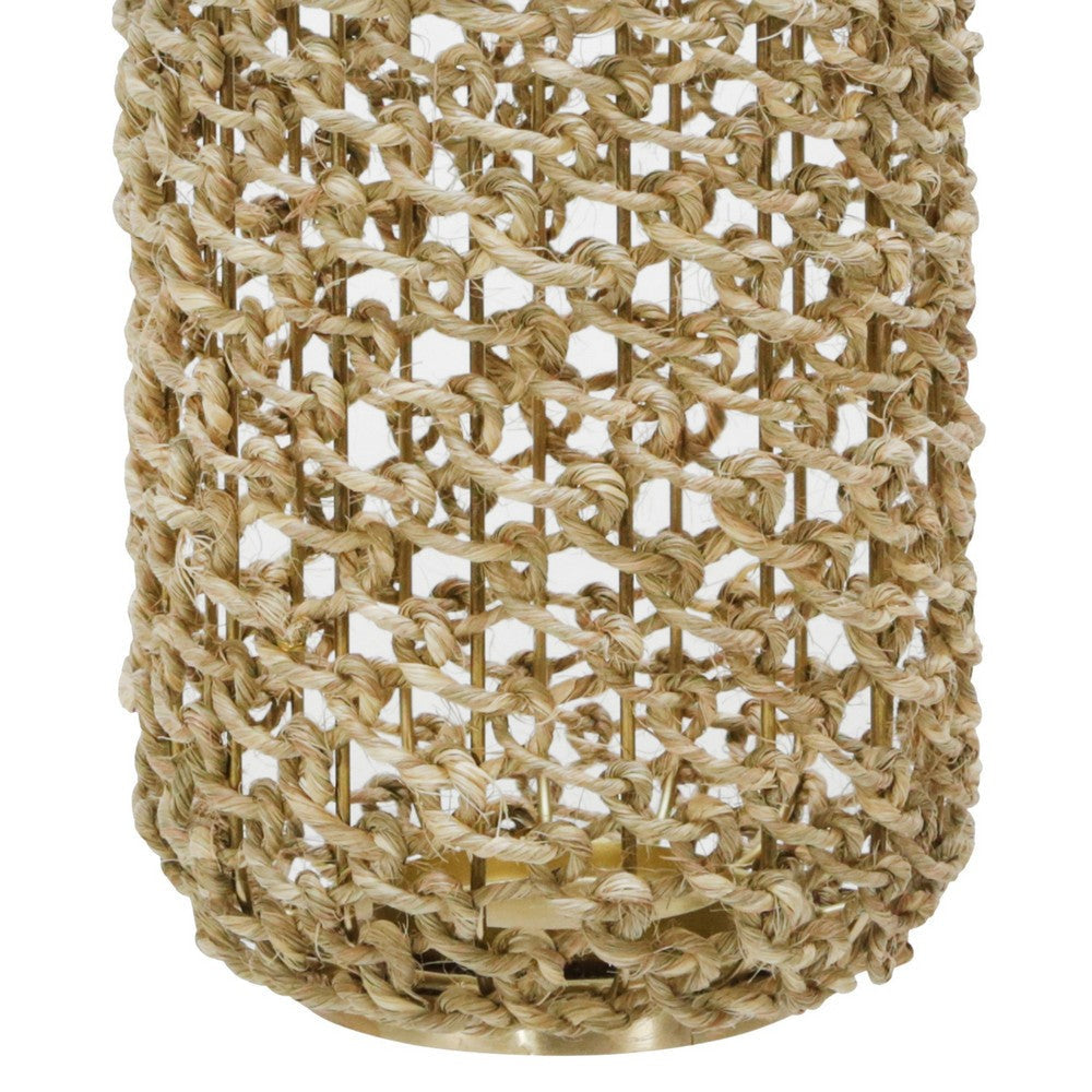 Cylindrical Rattan Lantern with Metal Frame and Handle,Large,Brown and Gold By Casagear Home BM221090