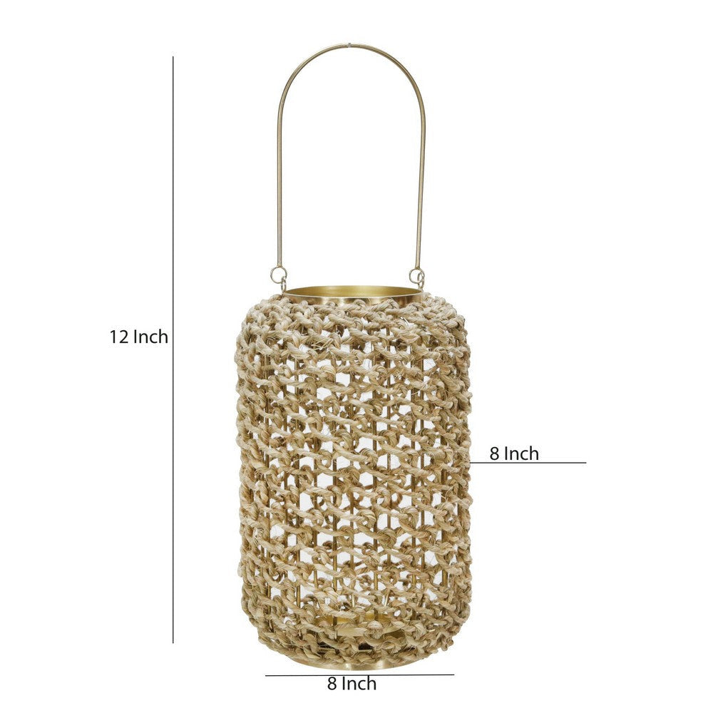 Cylindrical Rattan Lantern with Metal Frame and Handle,Large,Brown and Gold By Casagear Home BM221090