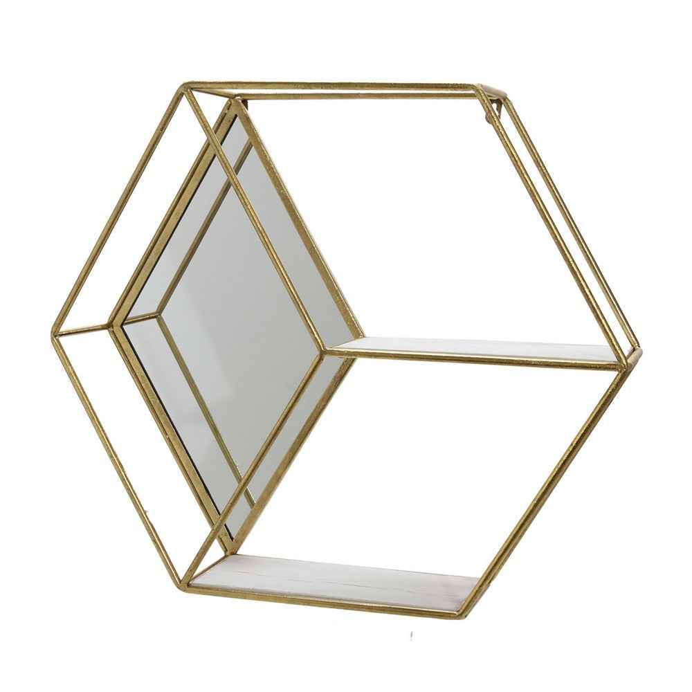 Hexagonal Shaped Metal Wall Shelf with 2 Display Cases Gold and White By Casagear Home BM221173