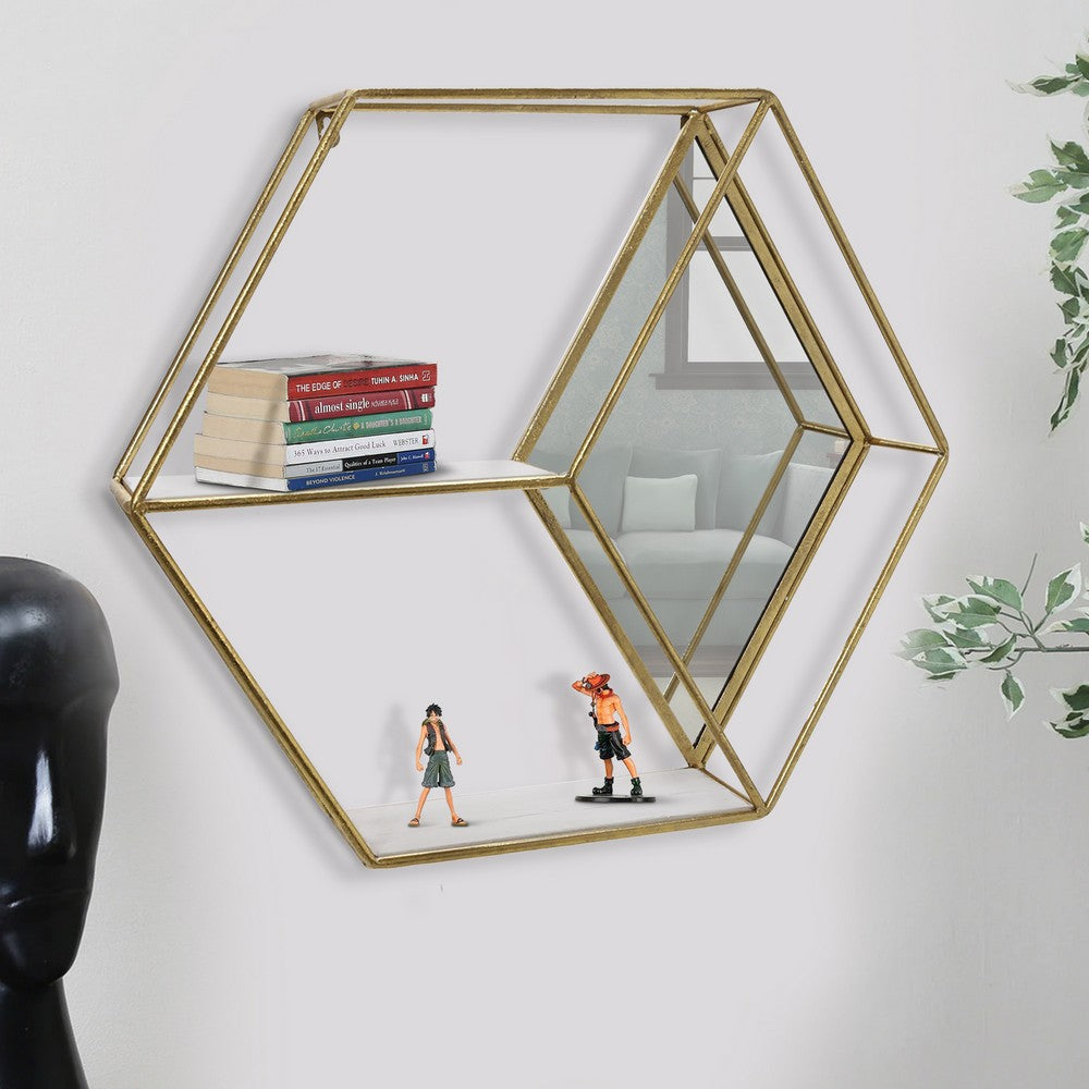 Hexagonal Shaped Metal Wall Shelf with 2 Display Cases Gold and White By Casagear Home BM221173