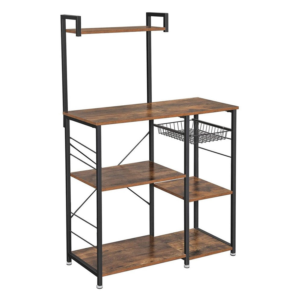 Wooden Utility Storage with 5 Shelves and Wire Basket Brown and Black BM221272