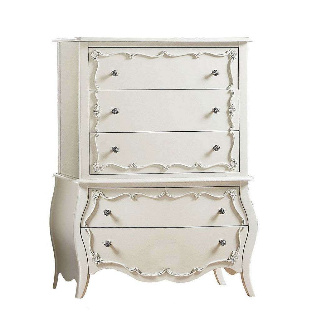 Traditional 5 Drawer Wooden Chest with Curved Base and Rosette Knobs,White By Casagear Home