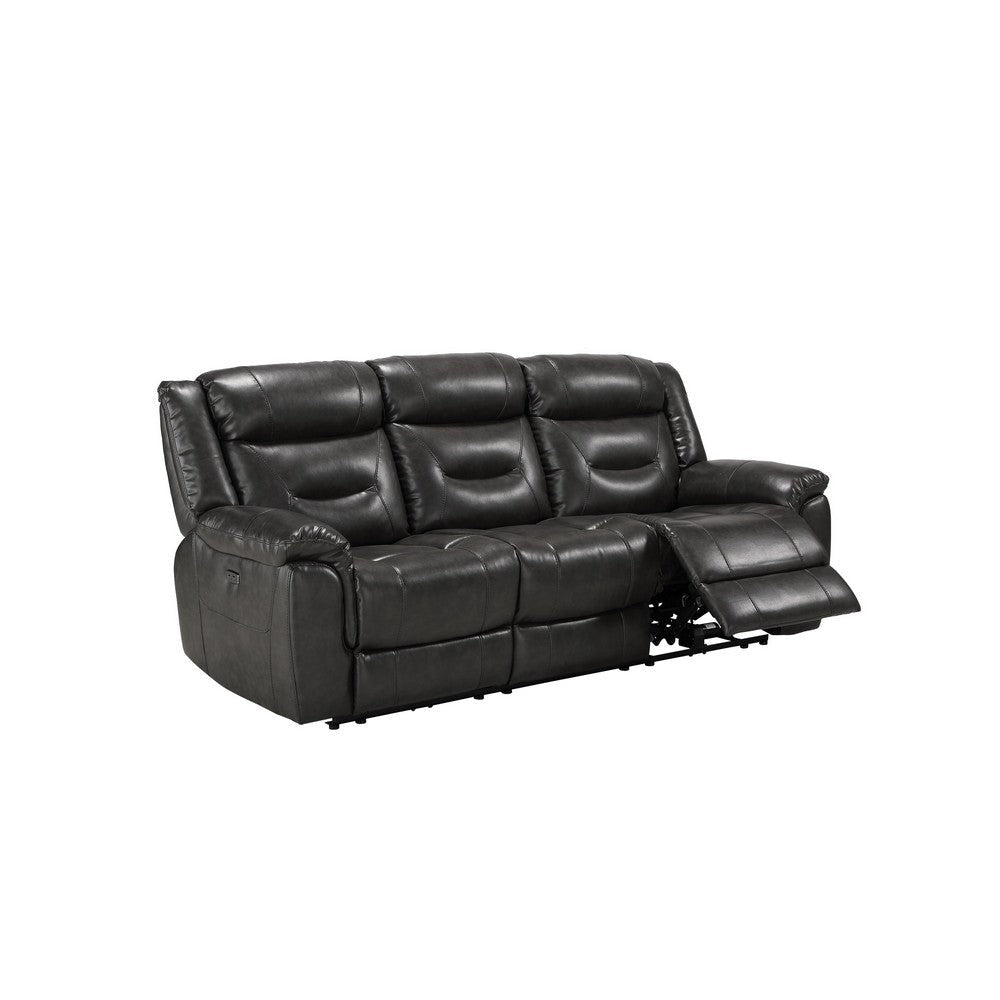 Leatherette Power Recliner Sofa with Split Back and USB Plug In Black By Casagear Home BM221412