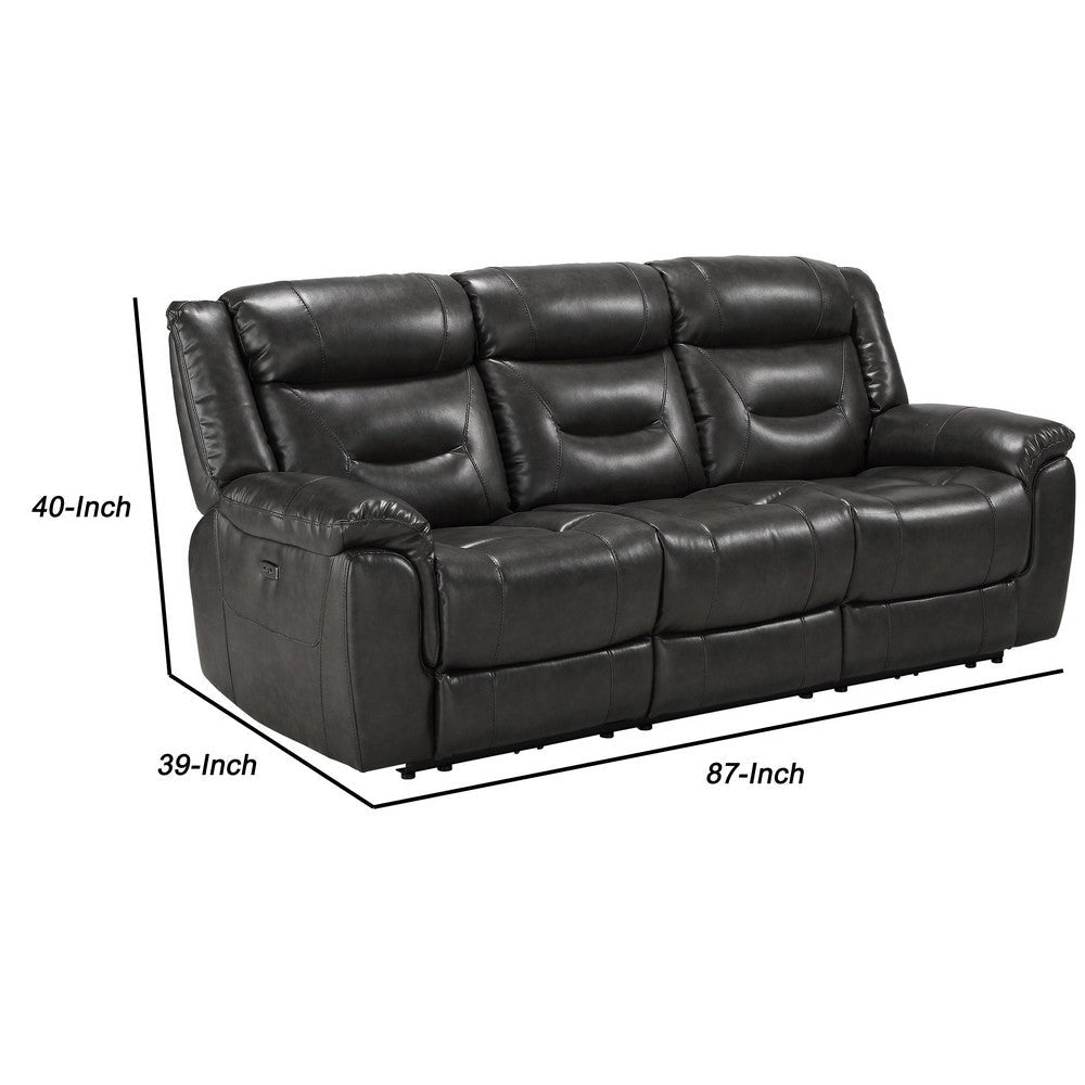 Leatherette Power Recliner Sofa with Split Back and USB Plug In Black By Casagear Home BM221412