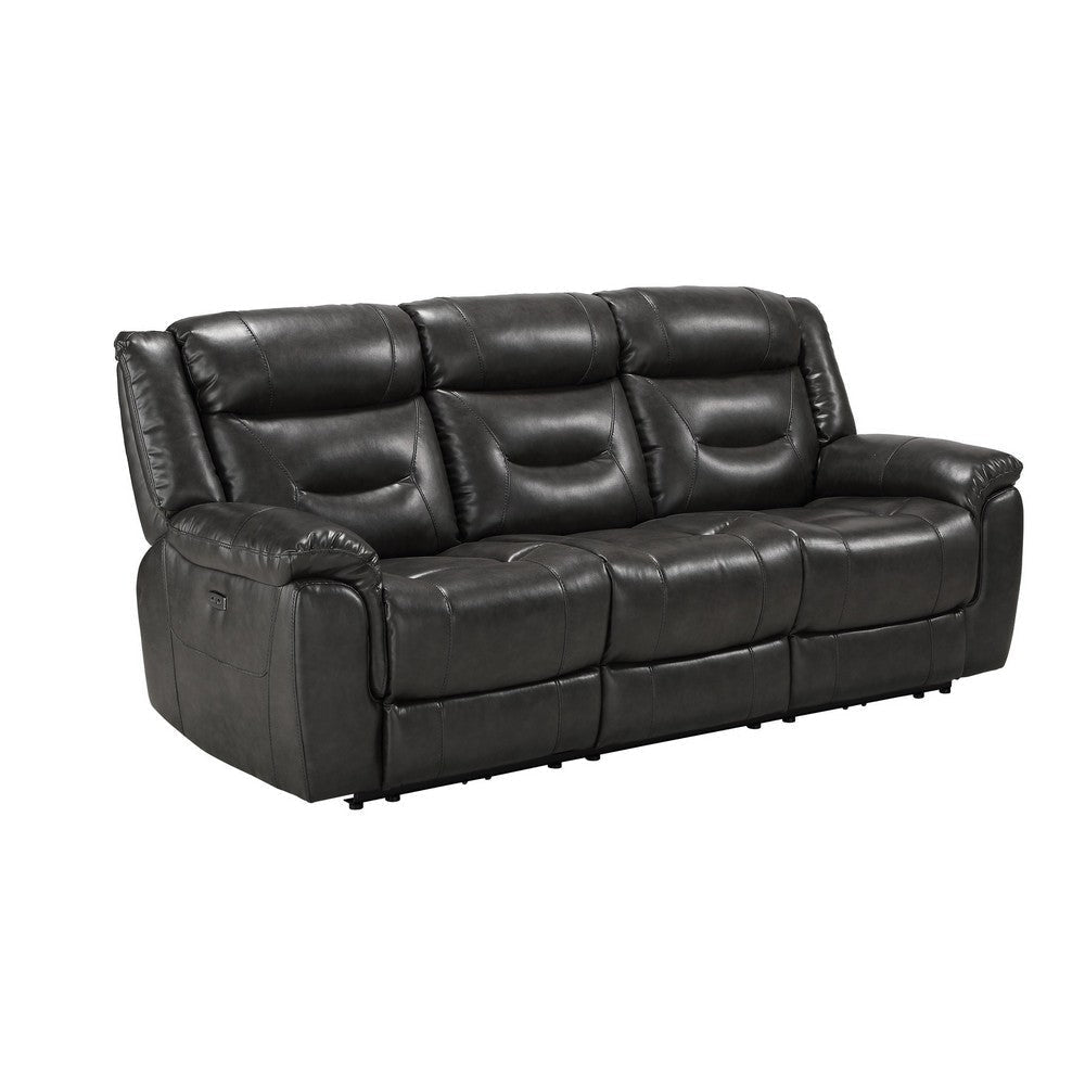 Leatherette Power Recliner Sofa with Split Back and USB Plug In, Black By Casagear Home