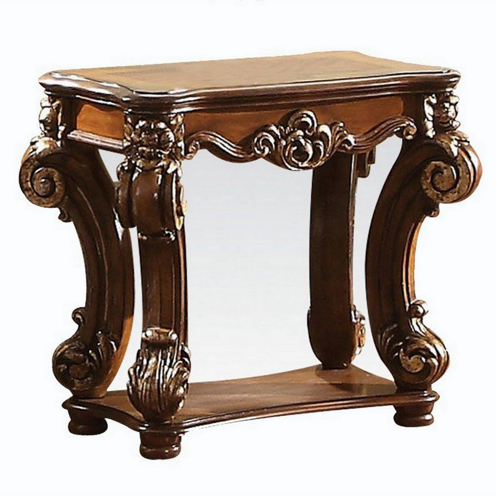 Intricately Carved Wooden Side Table with Scrolled Legs,Brown By Casagear Home BM221510