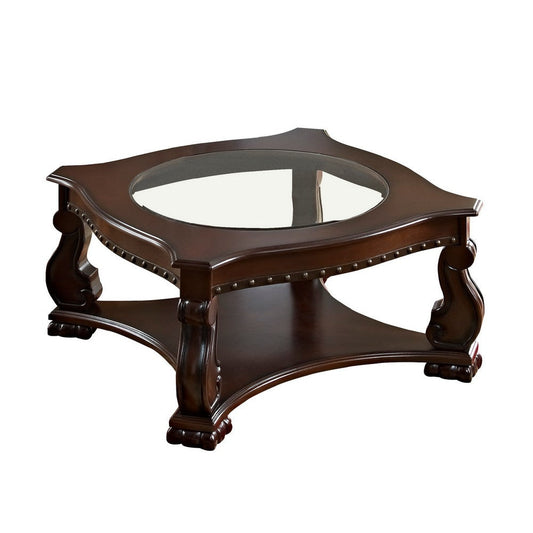 Wood and Glass Coffee Table with Rivet Accents, Brown By Casagear Home