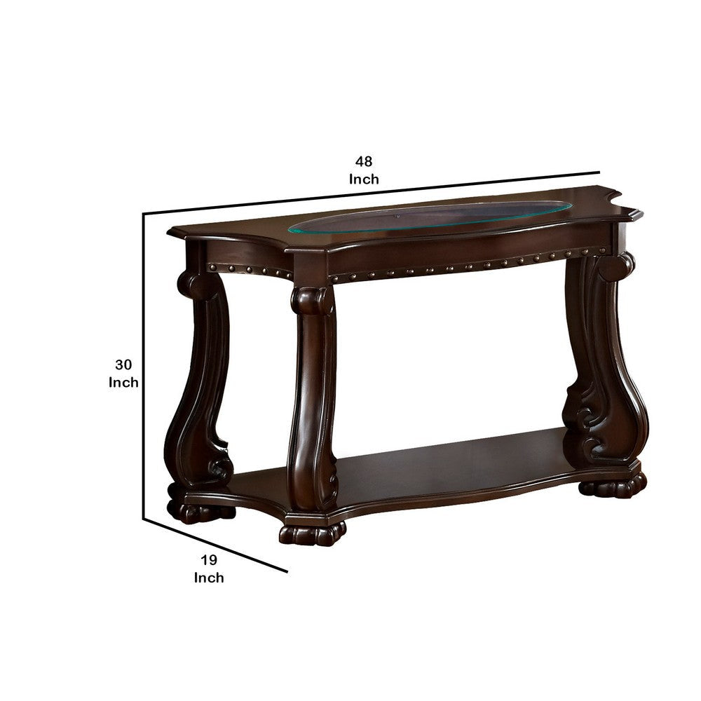 Traditional Wood and Glass Sofa Table with Rivet Accents Brown By Casagear Home BM221545