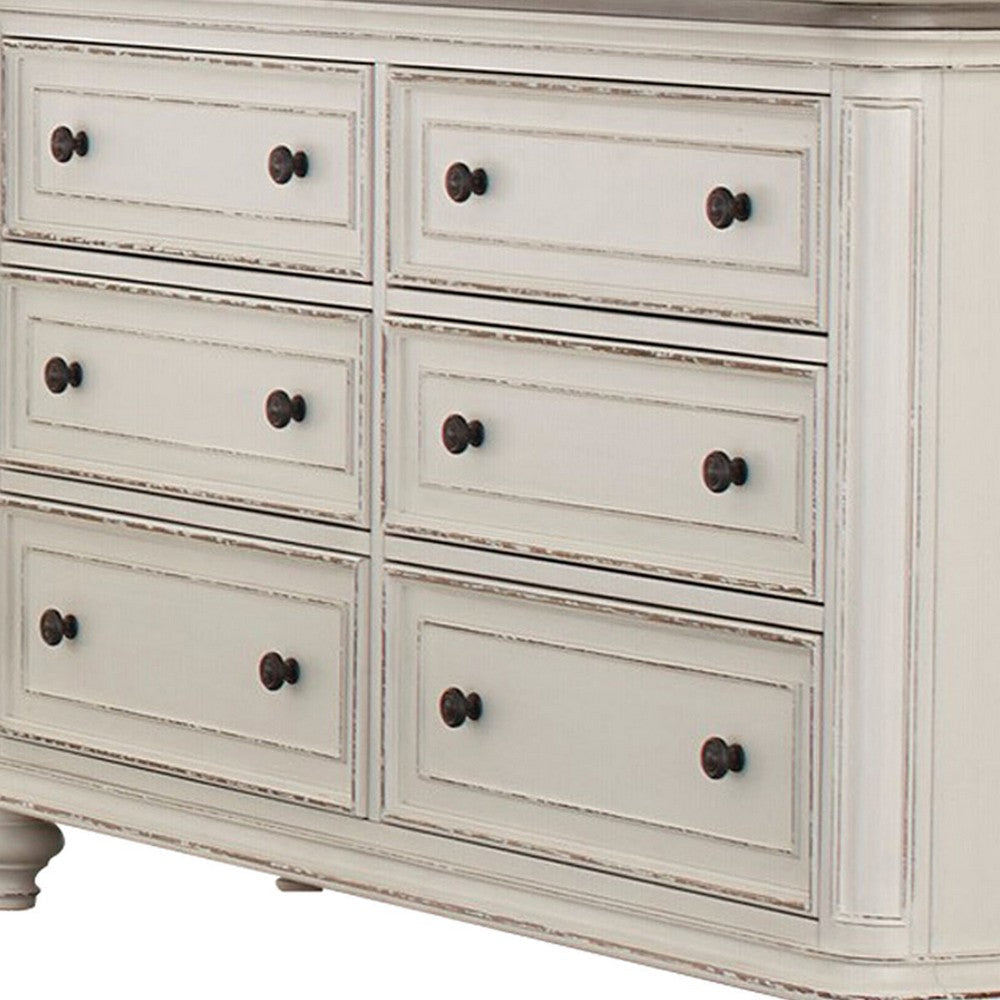 6 Drawer Wooden Dresser with Distressed Detail Antique White and Brown By Casagear Home BM222642