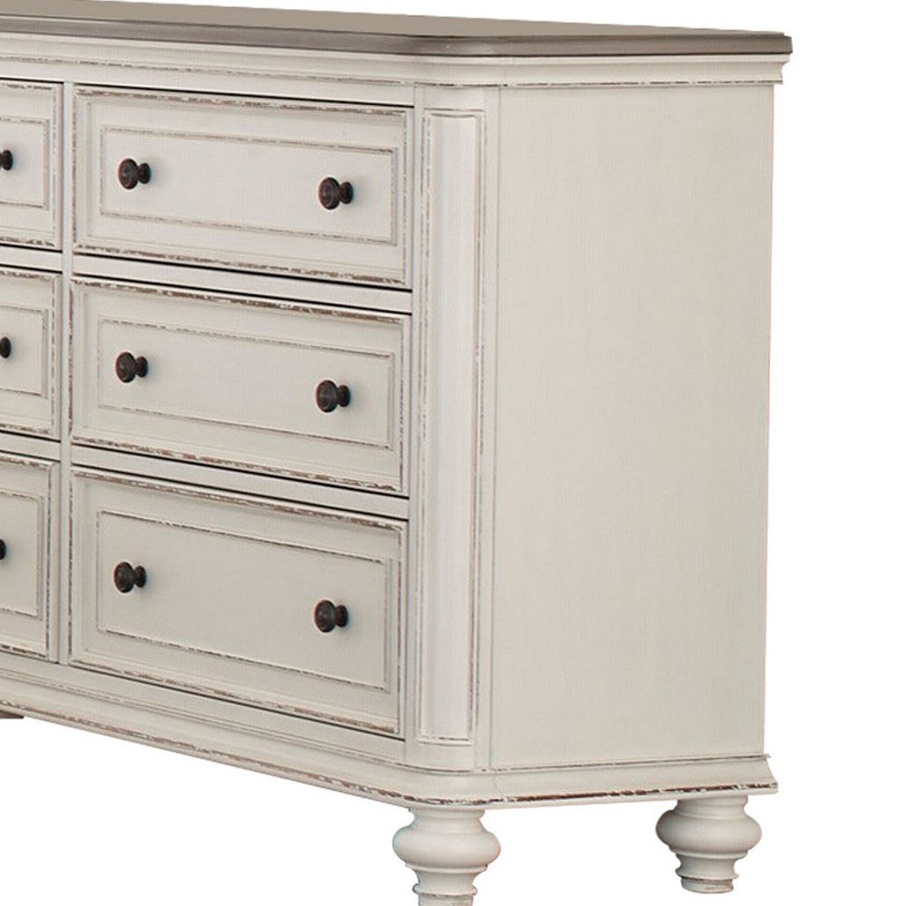 6 Drawer Wooden Dresser with Distressed Detail Antique White and Brown By Casagear Home BM222642