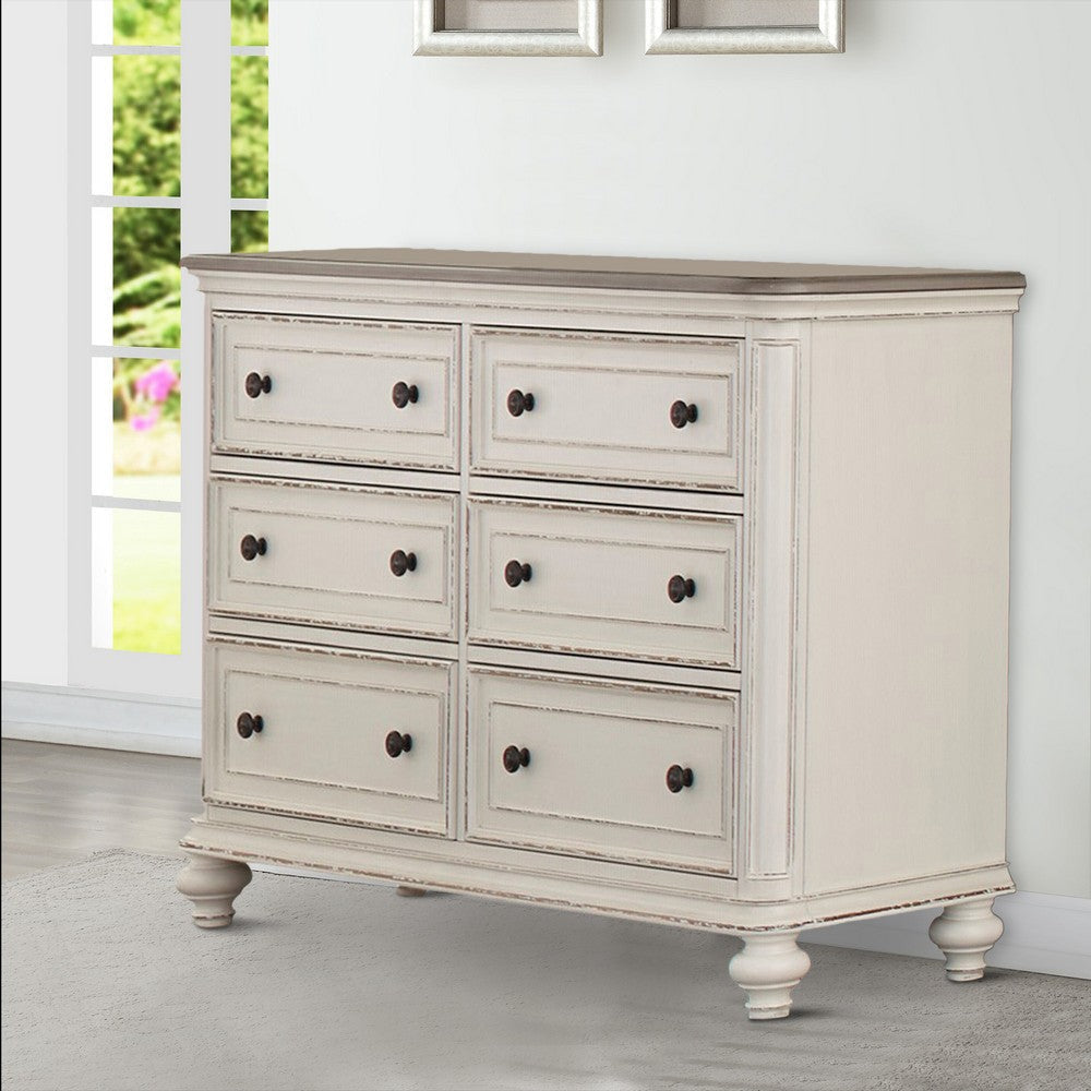 6 Drawer Wooden Dresser with Distressed Detail Antique White and Brown By Casagear Home BM222642