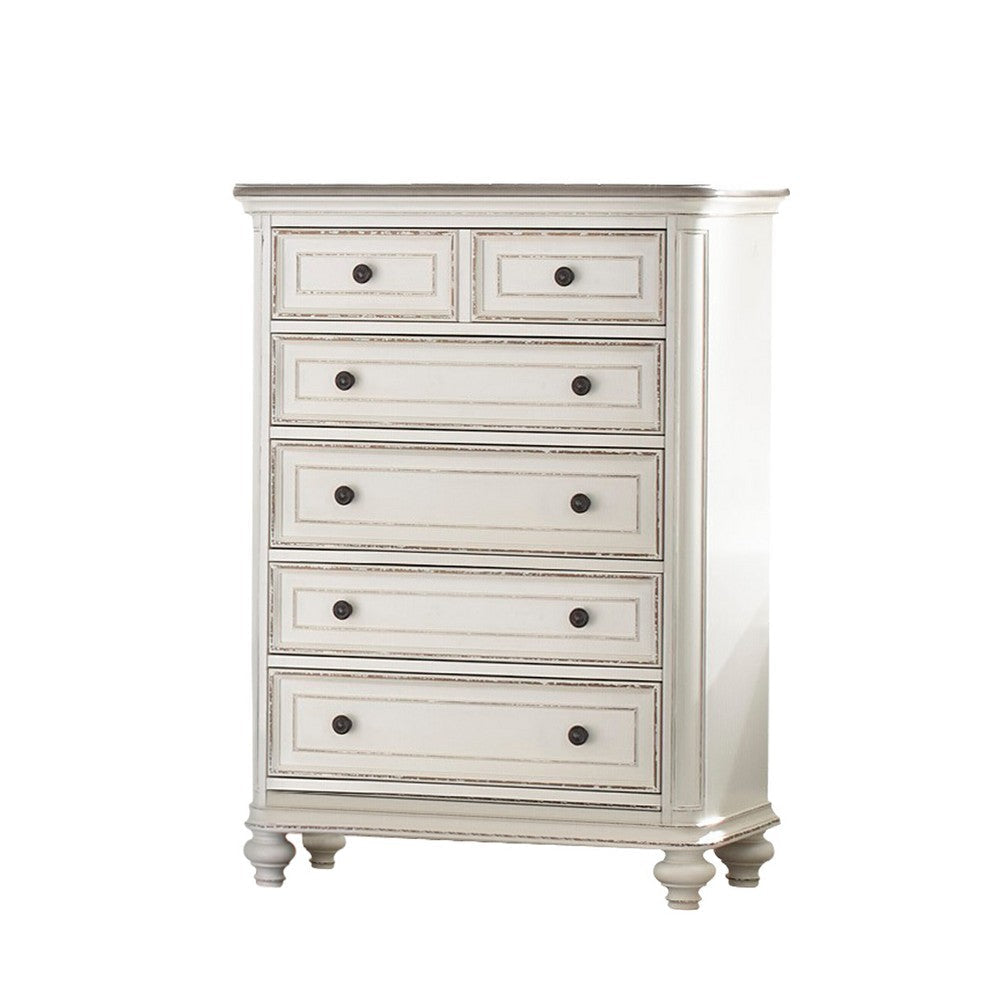 5 Drawer Wooden Chest with Distressed Detail, Antique White and Brown By Casagear Home