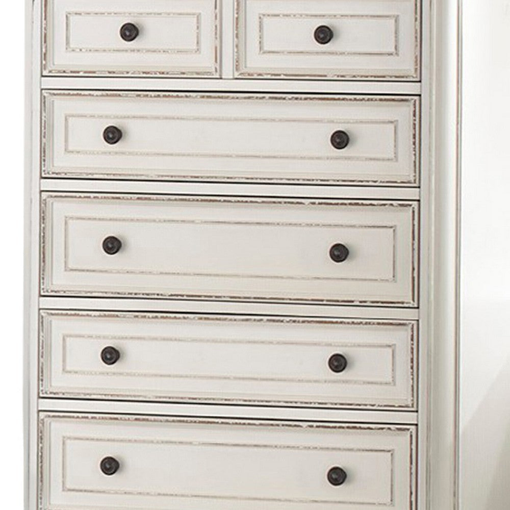 5 Drawer Wooden Chest with Distressed Detail Antique White and Brown By Casagear Home BM222644