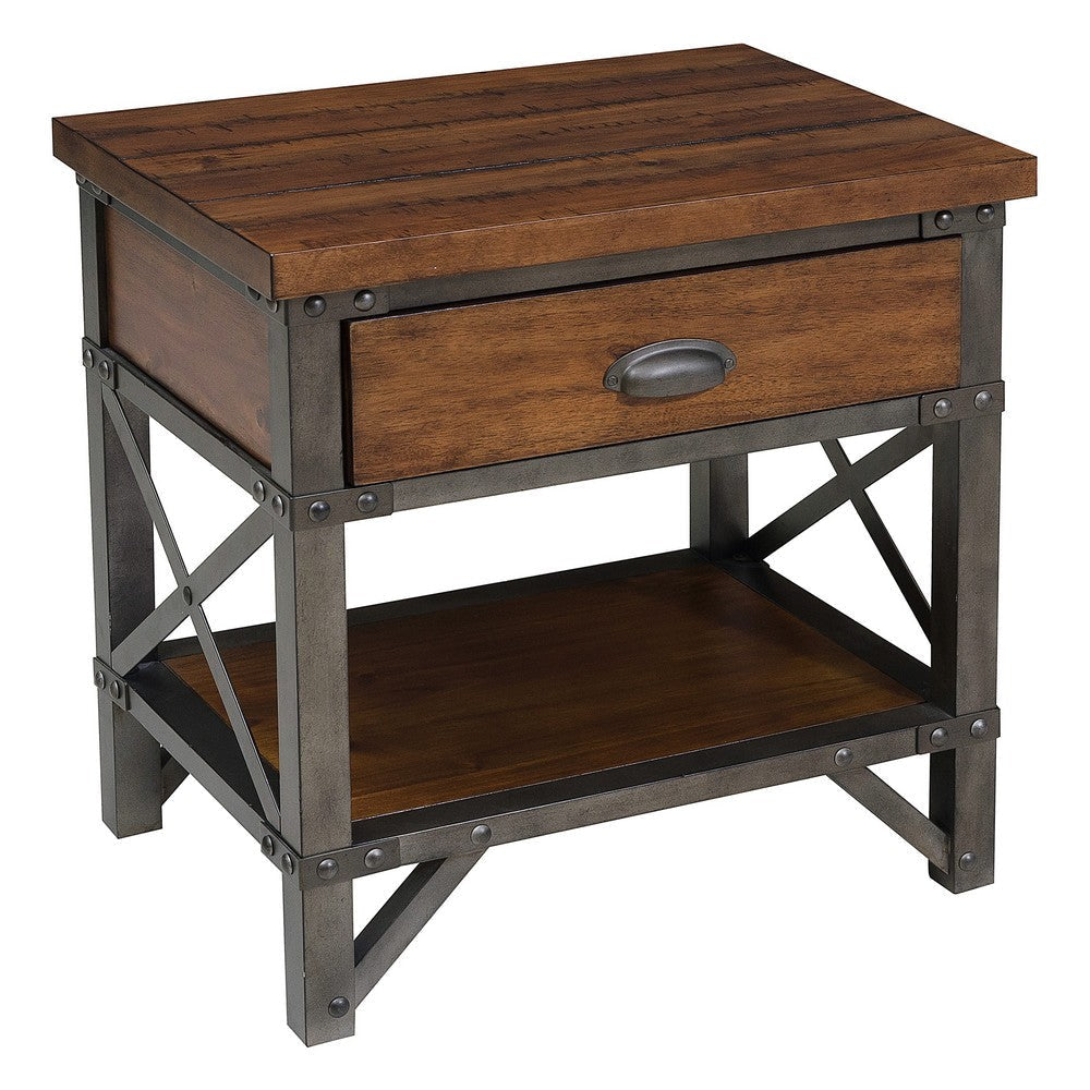 Wooden Nightstand with Metal Block Legs and Open Shelf, Brown By Casagear Home