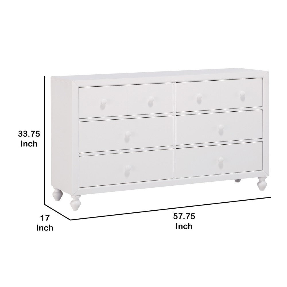 6 Drawer Wooden Dresser with Turned Legs and Round Knobs White By Casagear Home BM222739