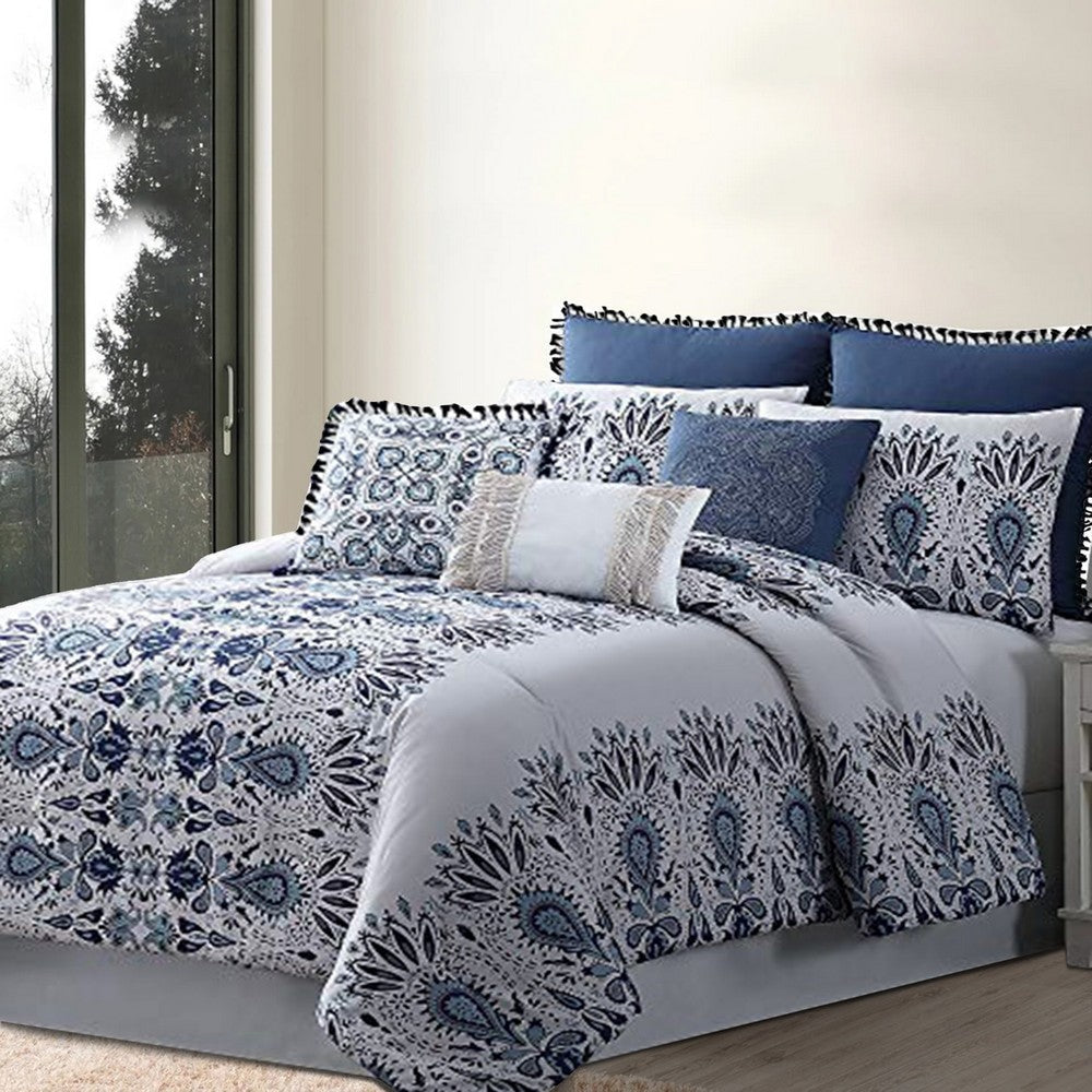 Constanta 8 Piece Queen Comforter Set with Floral Print,Blue and White By Casagear Home BM222761