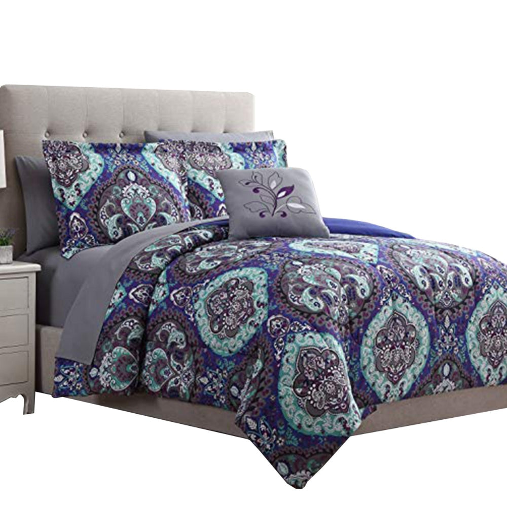 Split 6 Piece Reversible Printed Twin Size Complete Bed Set Blue By Casagear Home BM222765