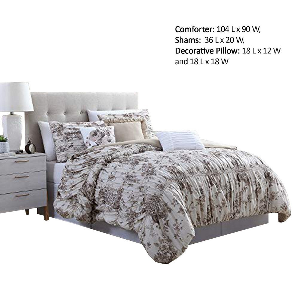 Lyon 6 Piece Floral King Comforter Set with Shirring The Urban Port Beige and Brown By Casagear Home BM222809