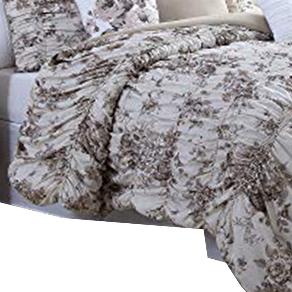 Lyon 6 Piece Floral King Comforter Set with Shirring The Urban Port Beige and Brown By Casagear Home BM222809