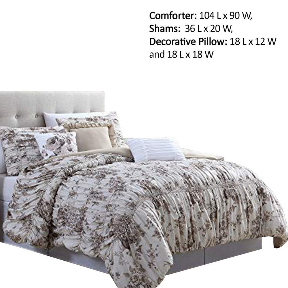 Lyon 6 Piece Floral King Comforter Set with Shirring The Urban Port Beige and Brown By Casagear Home BM222809