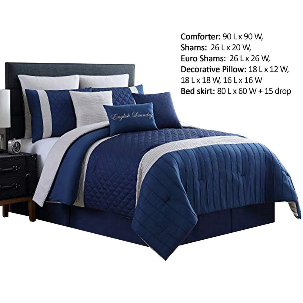 Basel Pleated Queen Comforter Set with Diamond Pattern The Urban Port Blue and White By Casagear Home BM222818