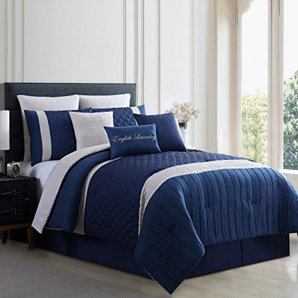 Basel Pleated Queen Comforter Set with Diamond Pattern The Urban Port Blue and White By Casagear Home BM222818