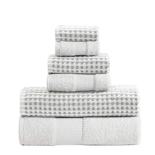 Porto 6 Piece Dual Tone Towel Set with Jacquard Grid Pattern The Urban Port, White By Casagear Home