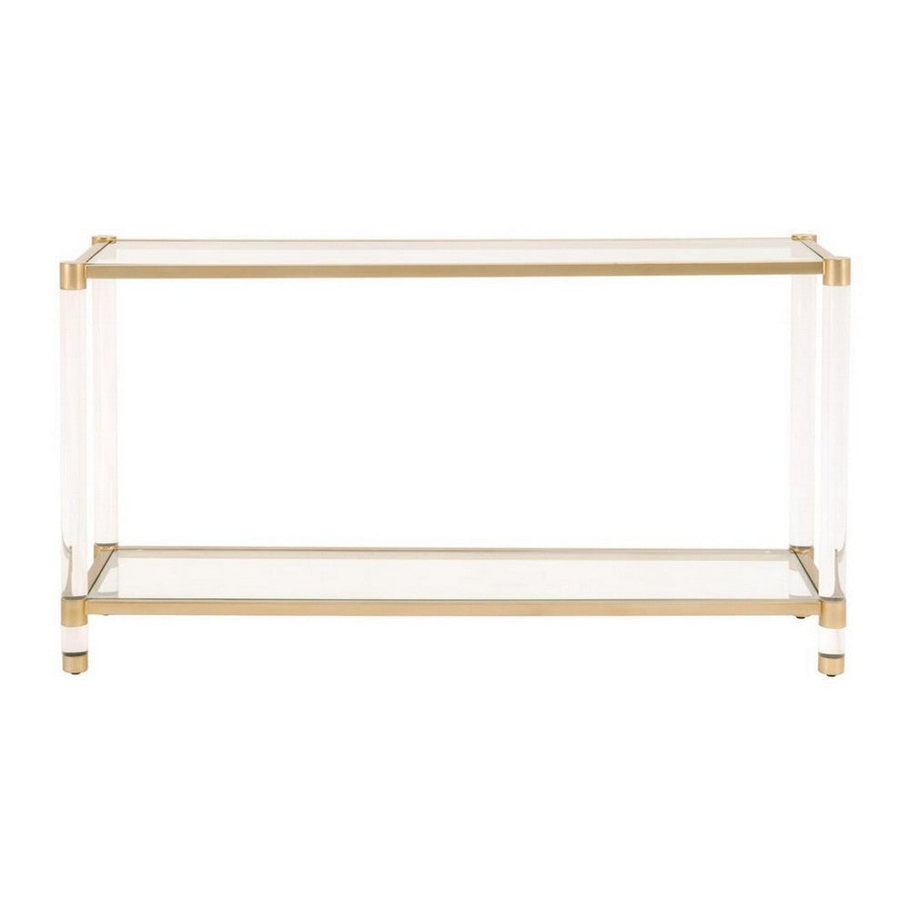 Metal Frame Glass Top Console Table with Acrylic Legs Clear and Brass By Casagear Home BM222986