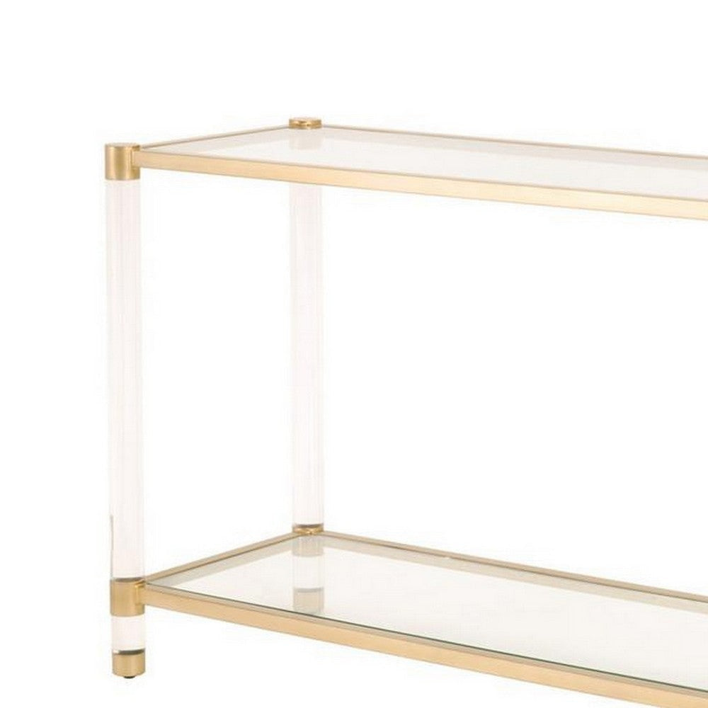 Metal Frame Glass Top Console Table with Acrylic Legs Clear and Brass By Casagear Home BM222986