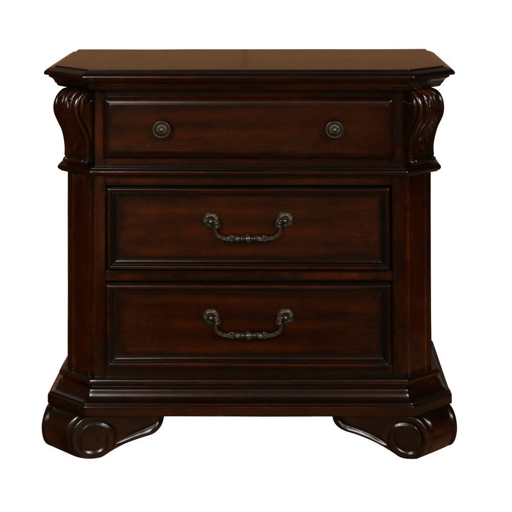 3 Drawer Wooden Nightstand with Molded Details and Metal Pulls Brown By Casagear Home BM223269