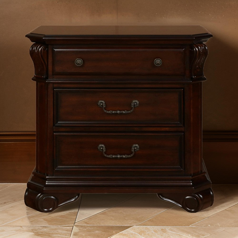 3 Drawer Wooden Nightstand with Molded Details and Metal Pulls, Brown By Casagear Home