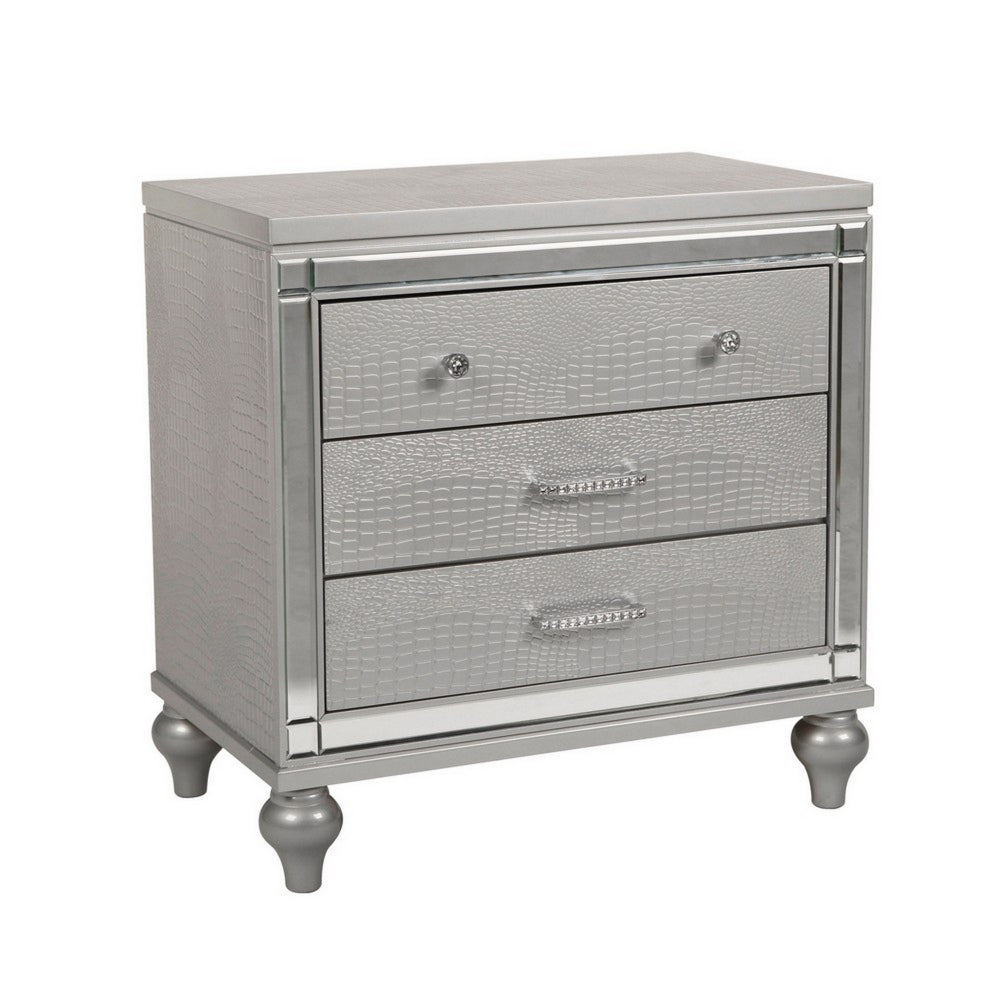 3 Drawer Wooden Nightstand with Mirror Accents and Faux Crystal Pulls Gray By Casagear Home BM223289