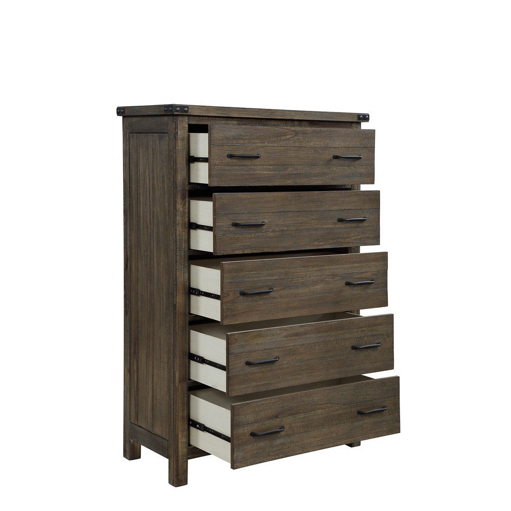 5 Drawer Plank Design Chest with Bar Handle and Block Feet Brown By Casagear Home BM223307