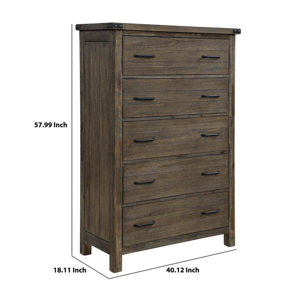 5 Drawer Plank Design Chest with Bar Handle and Block Feet Brown By Casagear Home BM223307