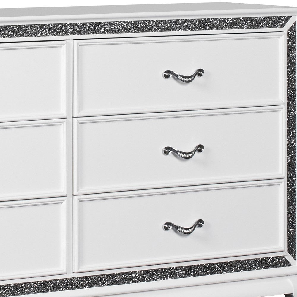 6 Drawer Wooden Dresser with Encrusted Crystal Accent White By Casagear Home BM223322