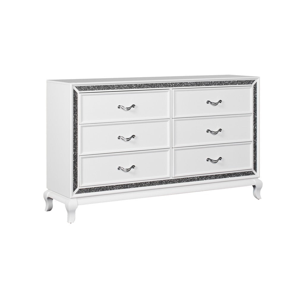 6 Drawer Wooden Dresser with Encrusted Crystal Accent, White By Casagear Home