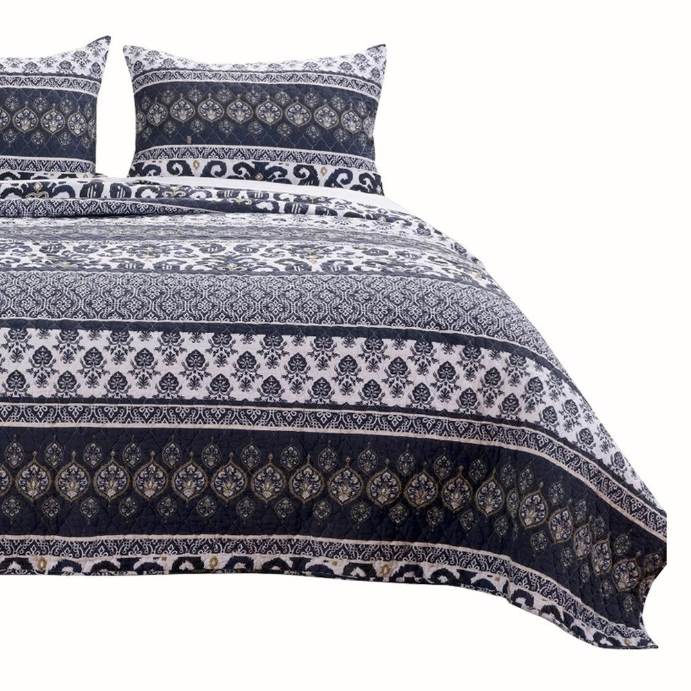 Fabric Reversible Queen Quilt Set with Ikat and Floral Motif,Blue and White By Casagear Home BM223390