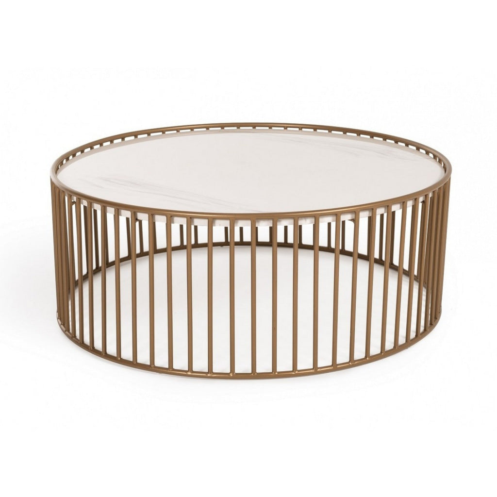 Round Slated Metal Coffee Table with Faux Marble Tray Top, Gold and White By Casagear Home