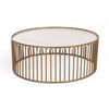 Round Slated Metal Coffee Table with Faux Marble Tray Top, Gold and White By Casagear Home