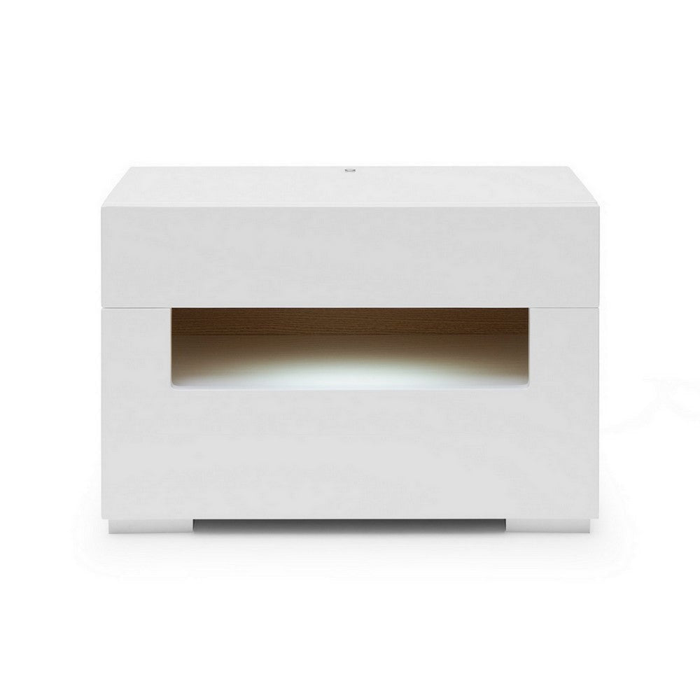 2 Pull Out Drawer Nightstand with High Gloss and Open Compartment White By Casagear Home BM223473