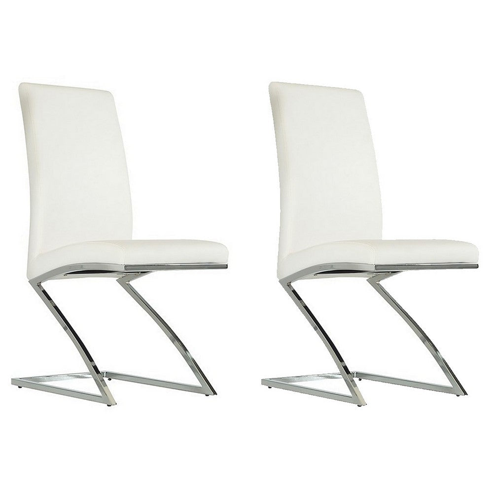 Leatherette Dining Chair with Z Shape Metal Base Set of 2 White and Chrome By Casagear Home BM223505