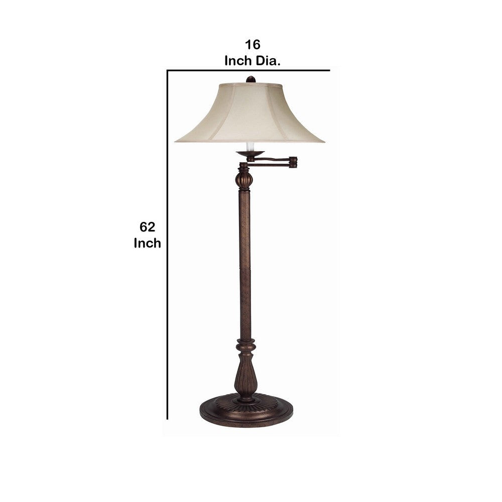 Swing Arm Metal Body Floor Lamp with Fabric Bell Shade Bronze and Beige By Casagear Home BM223547